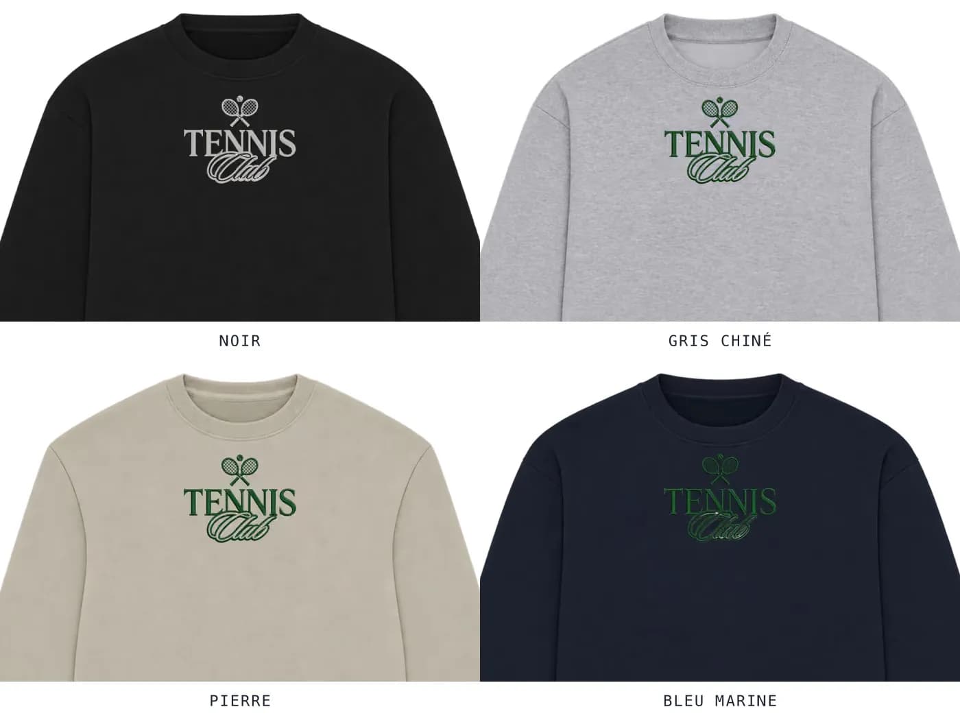 Le même logo Tennis Club brodé sur quatre sweats col rond : noir, gris chiné, pierre et bleu marine