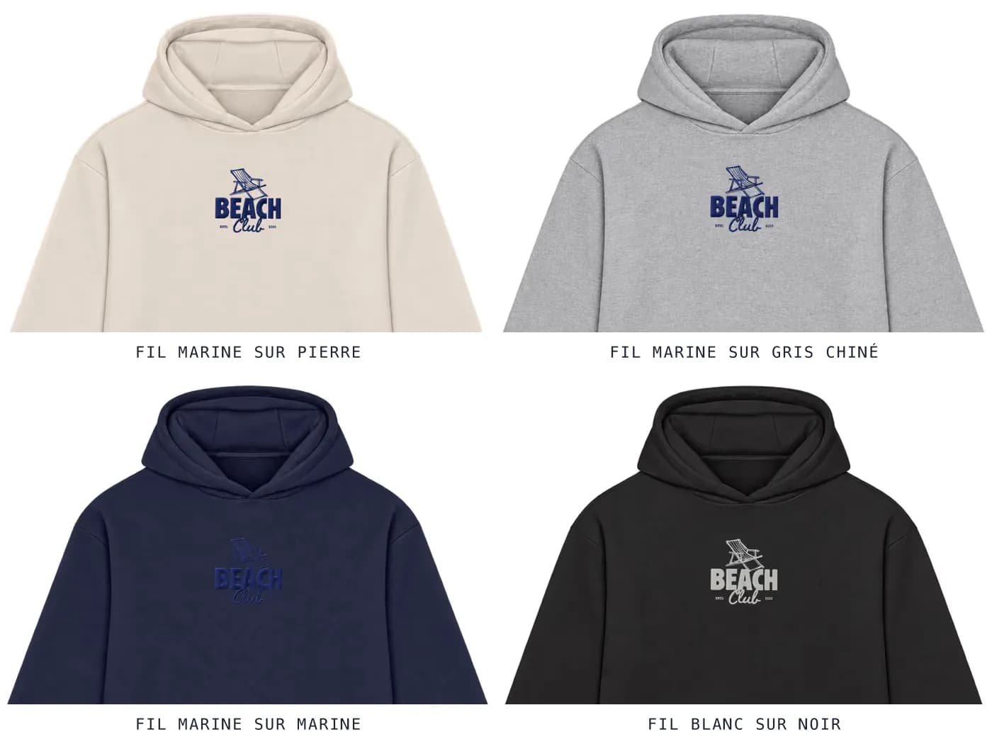Le même logo brodé sur quatre hoodies : fil marine sur sable et gris chiné, fil marine sur marine, fil blanc sur noir