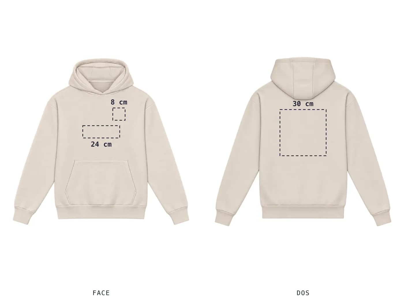 Hoodie de face et de dos, zones de marquage cotées à 8 cm côté cœur et 30 cm dans le dos