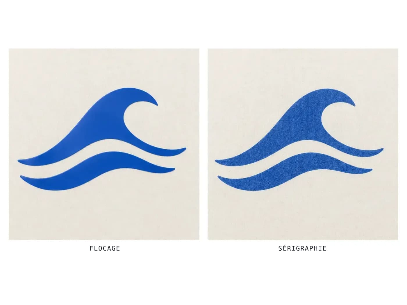 Flocage et sérigraphie en macro : à gauche le vinyle posé en surface, à droite l’encre prise dans la fibre