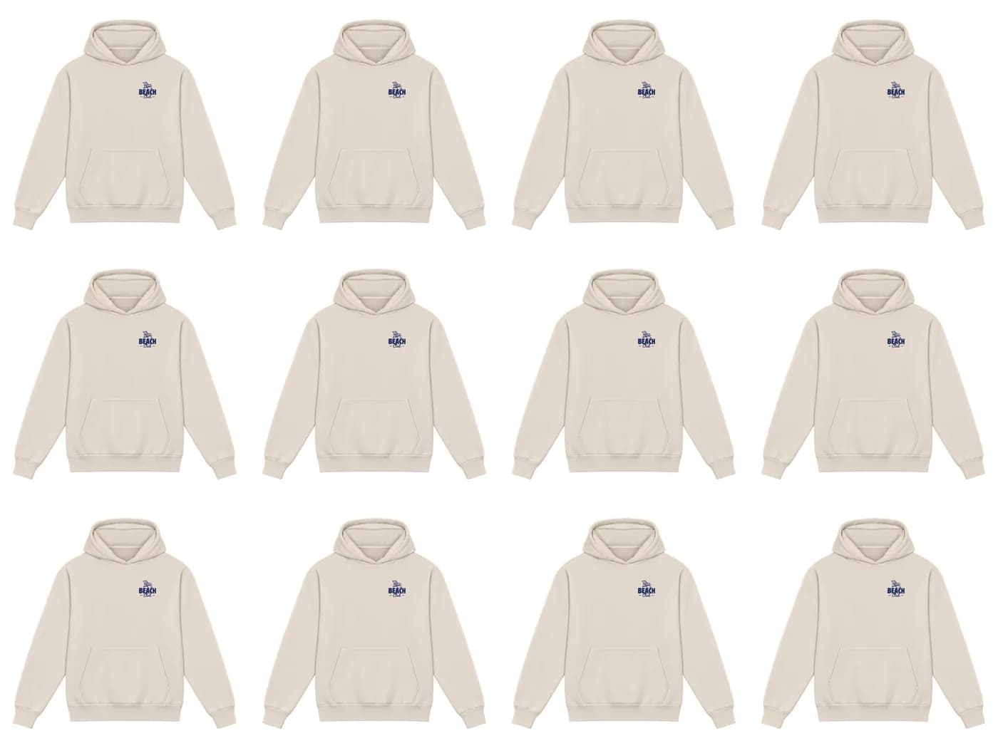 Douze hoodies identiques, le même logo brodé côté cœur : le tarif dégressif se joue sur la série