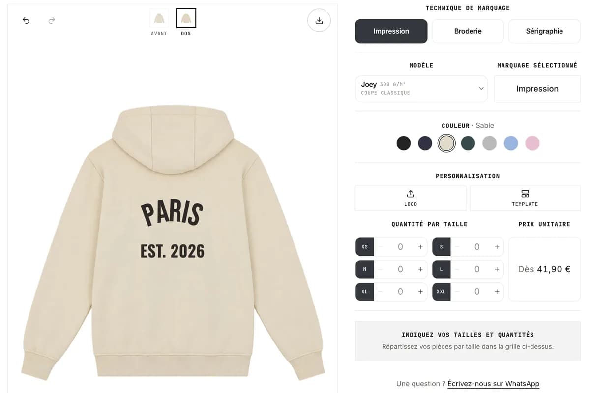 Configurateur de sweat personnalisé : modèle, coloris et technique, avec aperçu en direct