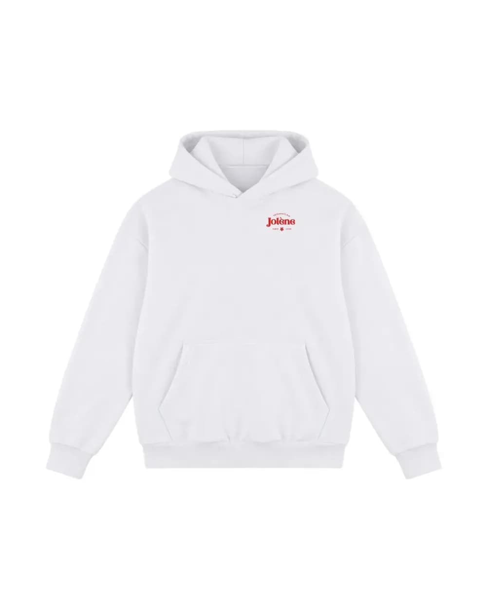 Hoodie Élio blanc personnalisé, le logo d’une marque de vêtements brodé côté cœur
