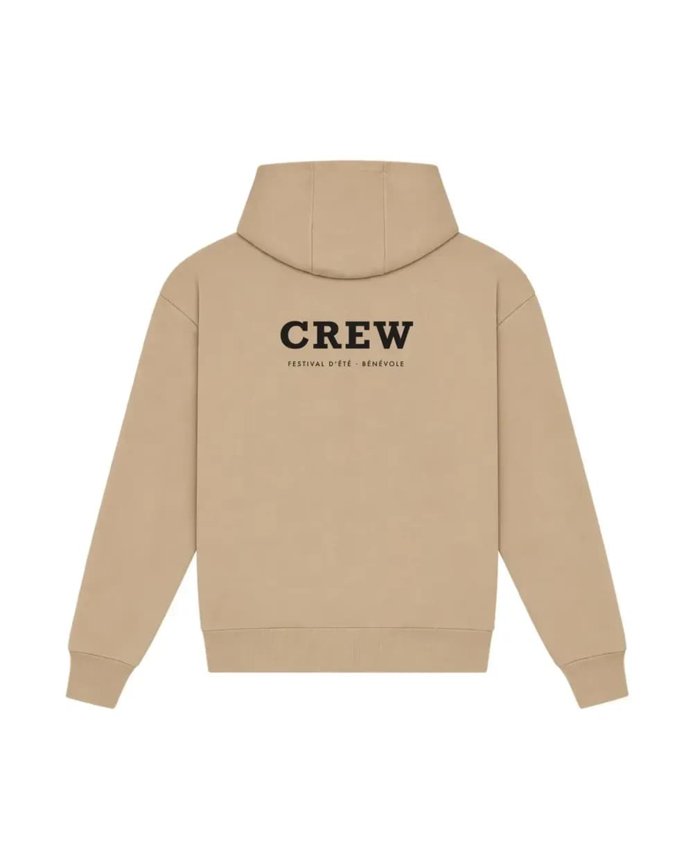 Hoodie camel, mention CREW d’un festival imprimée au dos