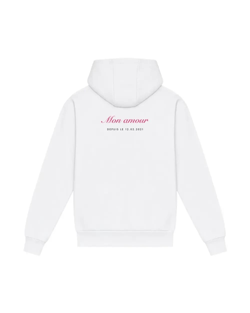 Hoodie blanc personnalisé, Mon amour et la date de la rencontre imprimé dans le dos