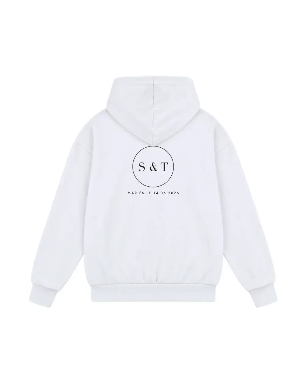 Hoodie blanc personnalisé, le monogramme des mariés imprimé dans le dos