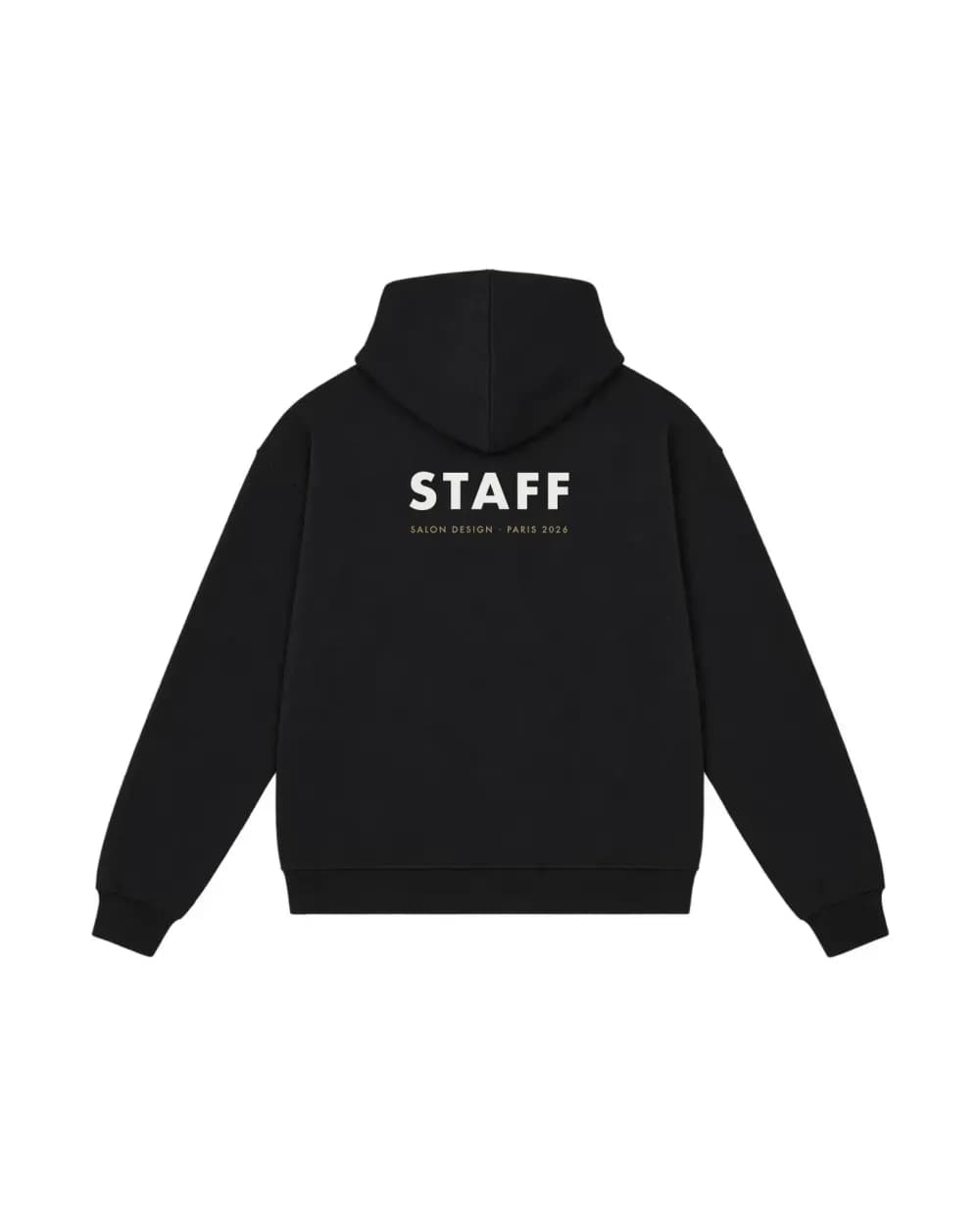 Hoodie noir personnalisé, la mention STAFF d’un salon imprimé dans le dos