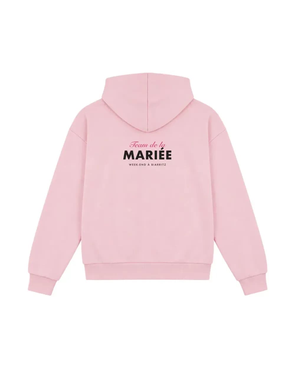 Hoodie EVJF personnalisé rose pâle, marquage Team de la Mariée avec le lieu du week-end