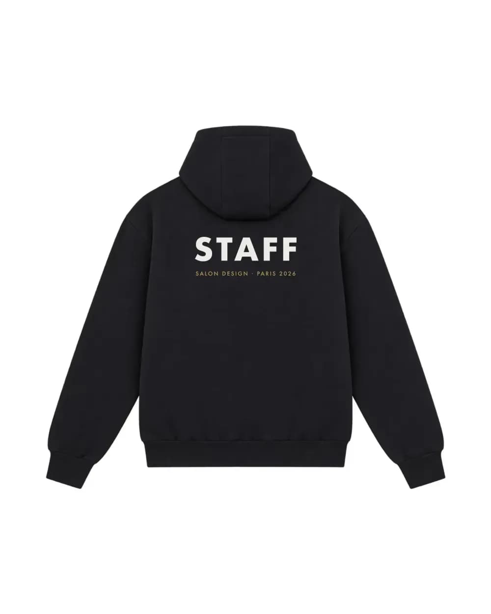 Hoodie zippé noir personnalisé, la mention STAFF d’un salon imprimé dans le dos