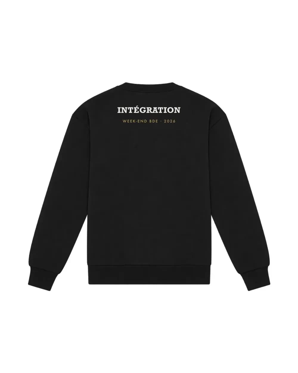 Sweat étudiant personnalisé noir, mention Intégration et week-end BDE imprimés au dos