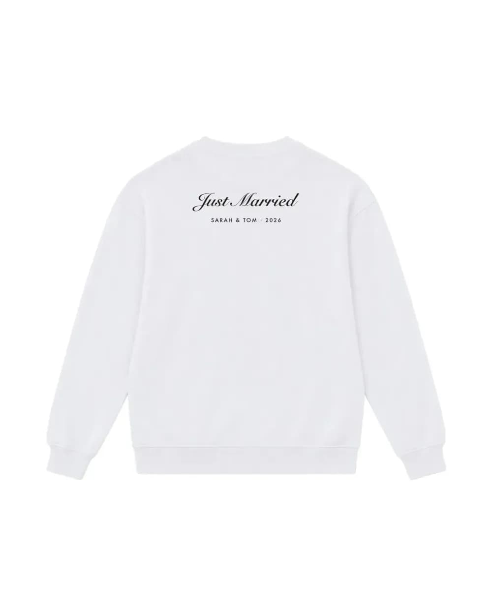 Sweat-shirt blanc personnalisé, Just Married et les prénoms des mariés imprimé dans le dos