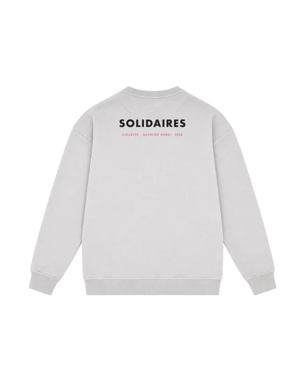 Sweat-shirt gris clair personnalisé, le logo d’une collecte solidaire imprimé dans le dos