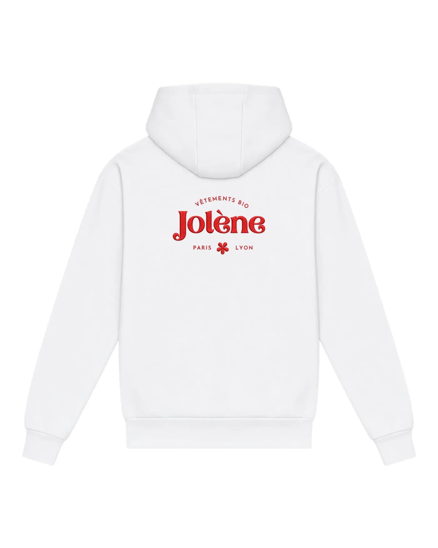 Hoodie blanc avec le logo d’une marque brodé dans le dos, tenue d’équipe