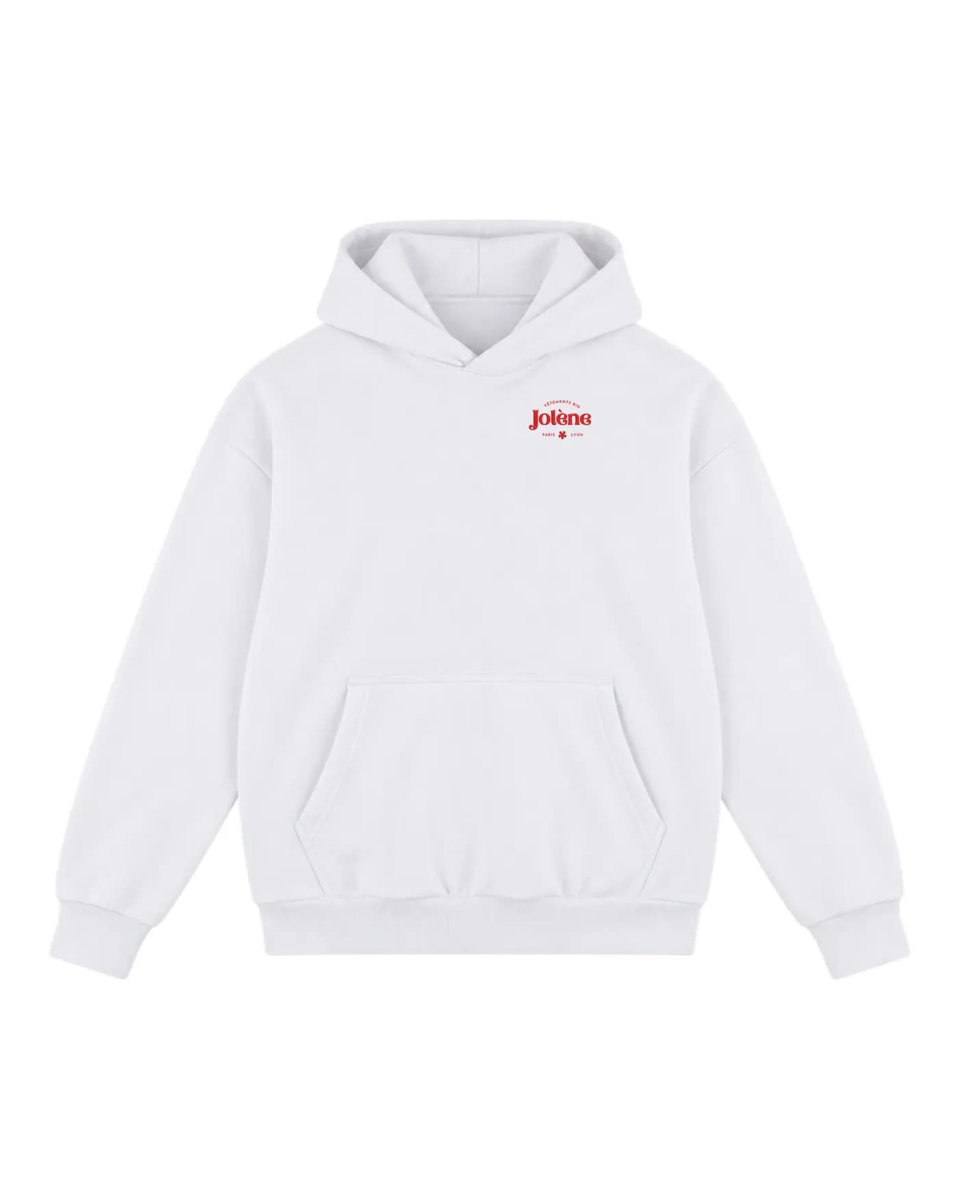 Hoodie blanc avec un logo brodé côté cœur, brodé à Paris