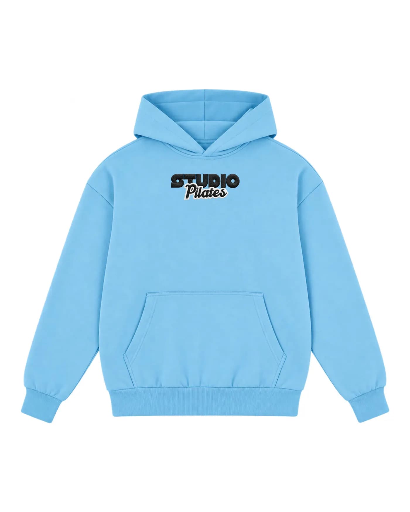 Hoodie bleu ciel personnalisé avec le logo d’un studio brodé sur la poitrine