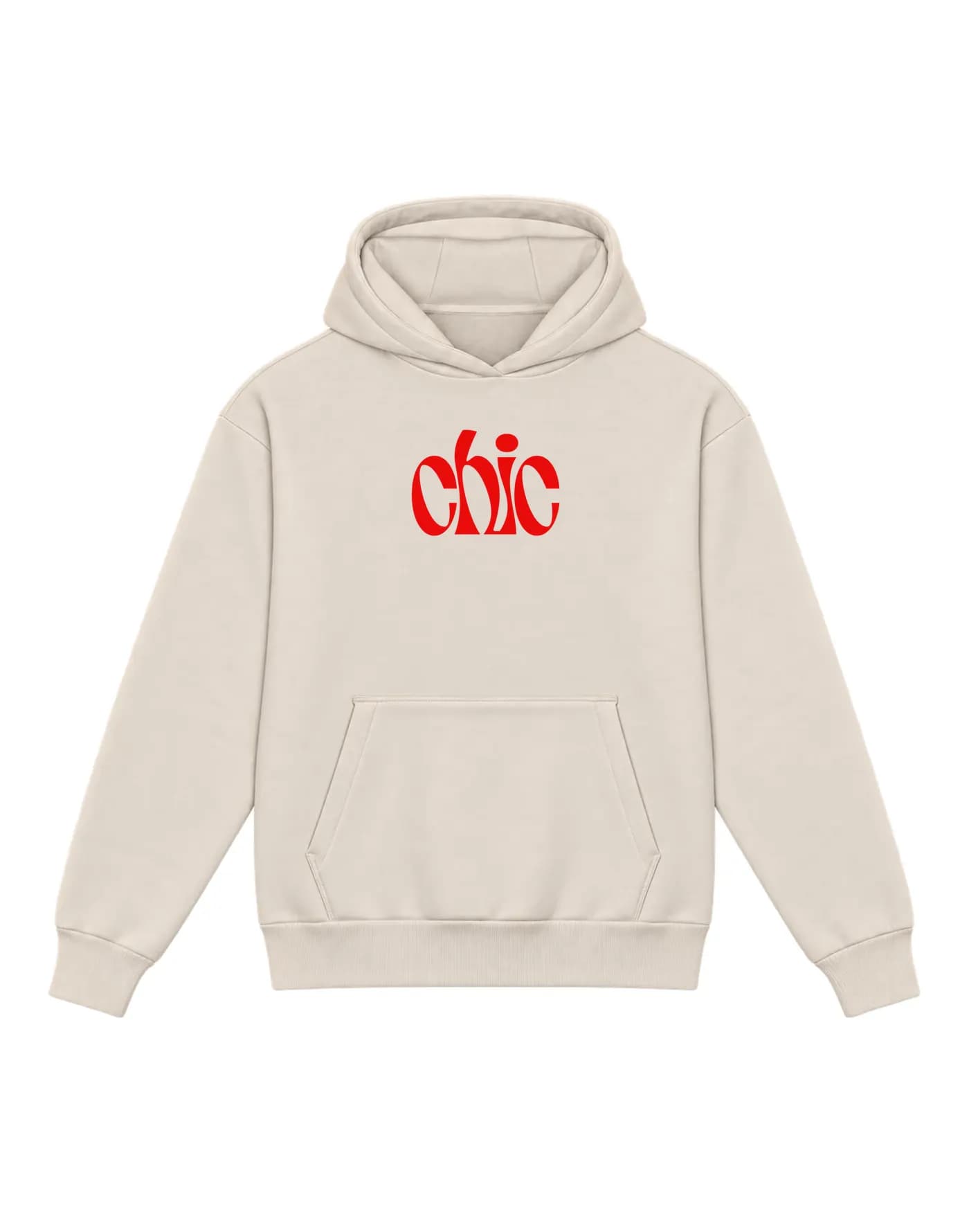 Hoodie couleur pierre avec le même wordmark imprimé, aplat posé sur la maille
