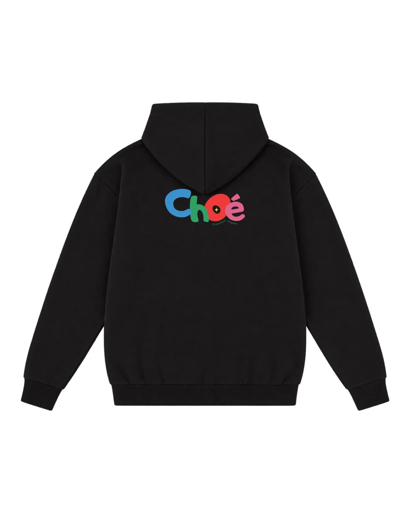 Hoodie noir avec une illustration multicolore imprimée en DTF