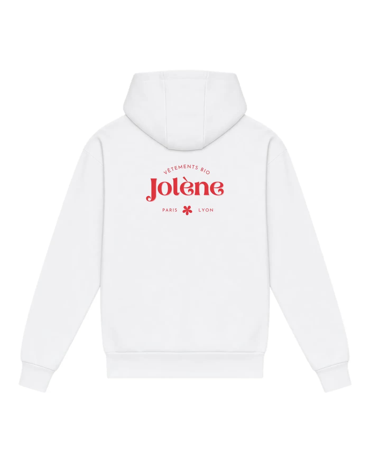 Hoodie blanc avec un visuel imprimé dans le dos, une face marquée