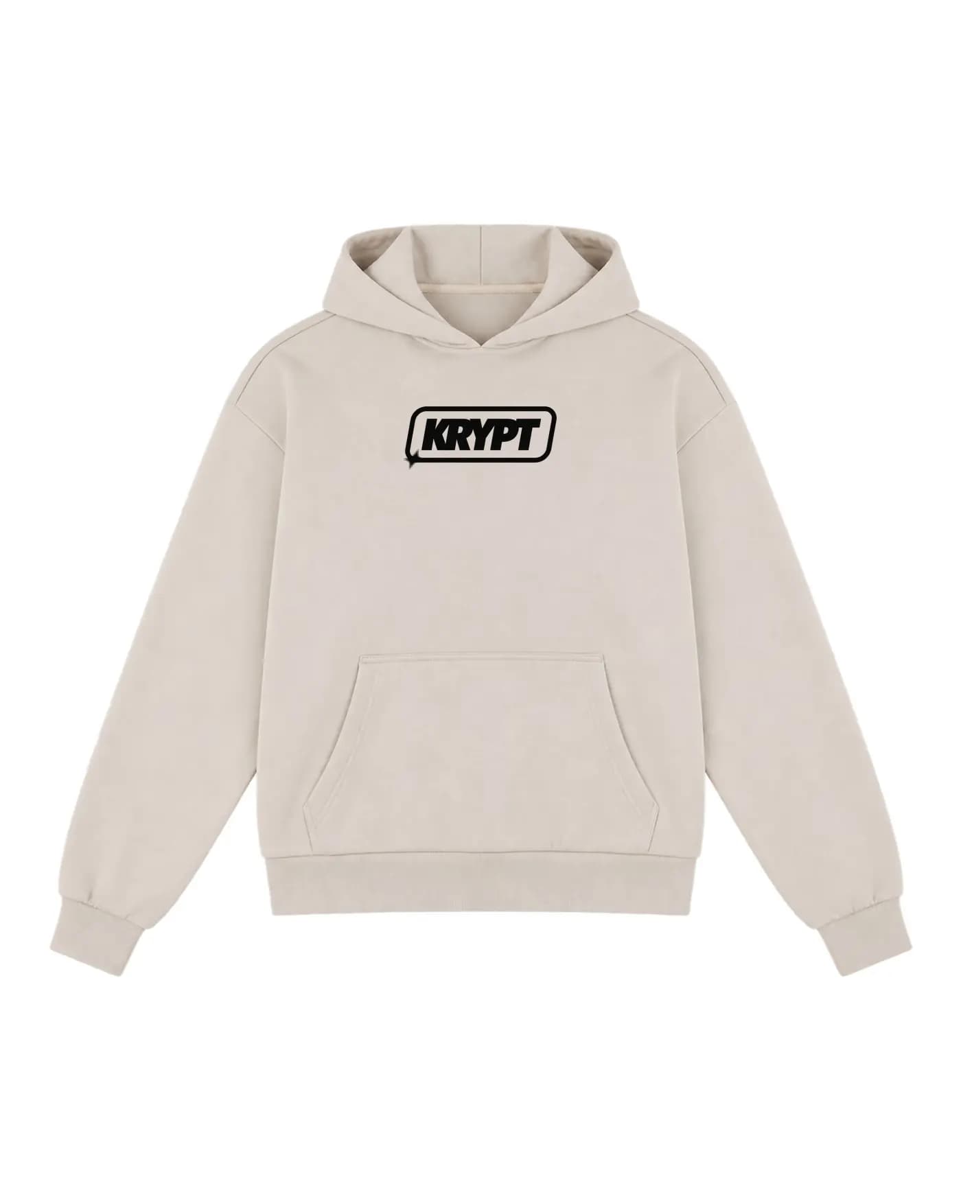 Hoodie blanc cassé avec un logo en aplat noir, une seule couleur sérigraphiée