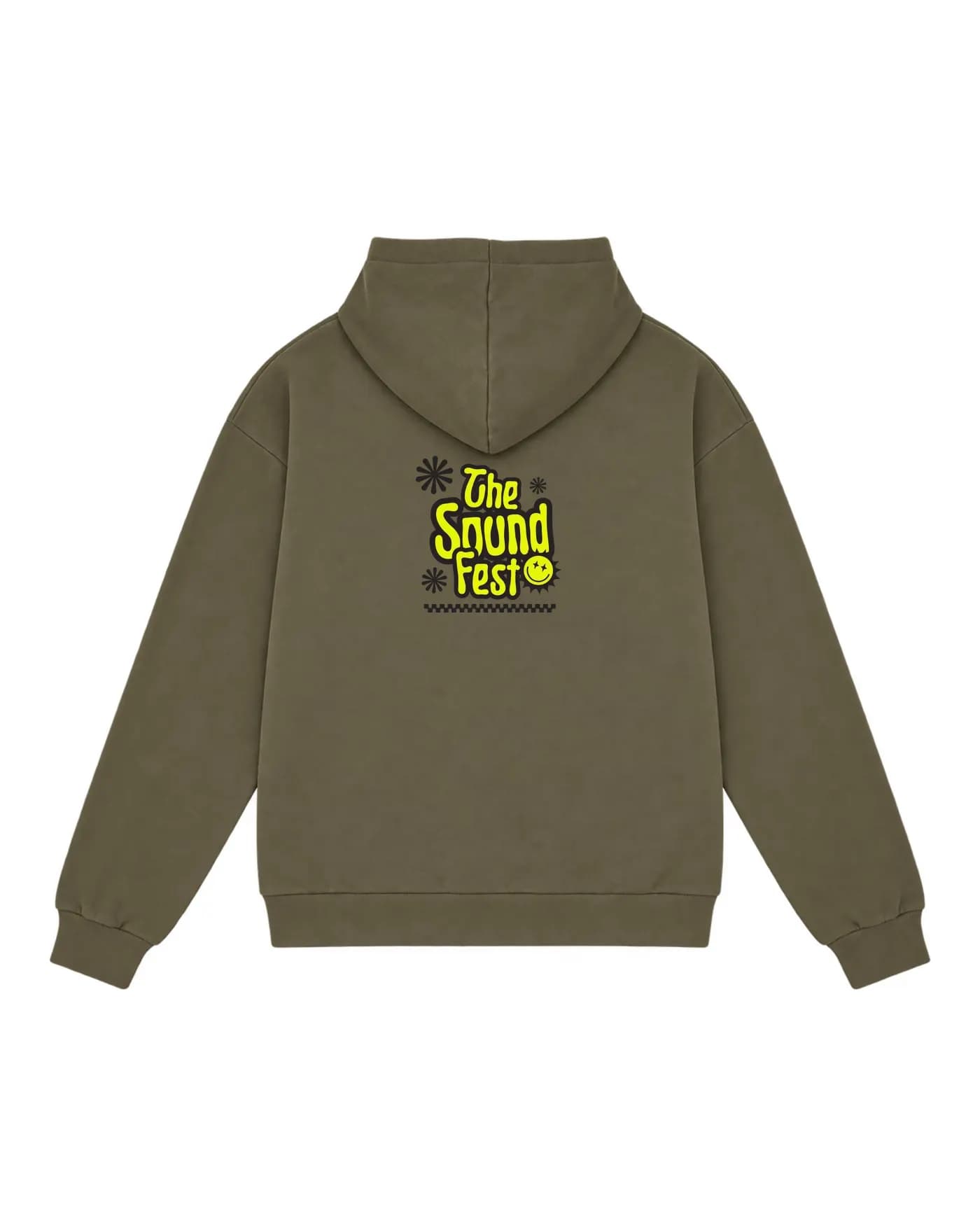 Hoodie olive avec une affiche de festival imprimée en couleurs dans le dos