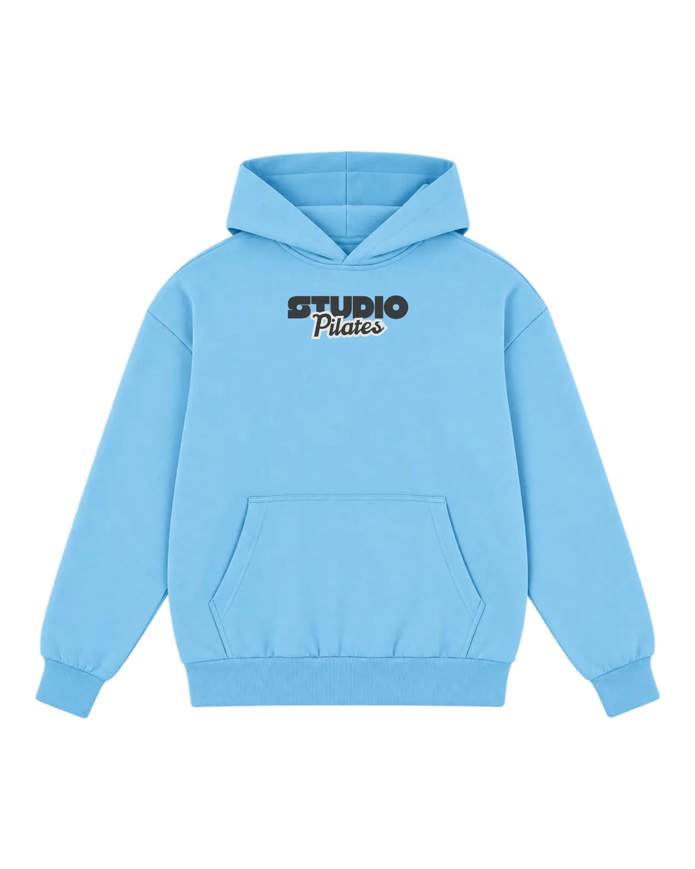 Hoodie de studio bleu ciel, logo d’un studio de pilates imprimé sur la poitrine