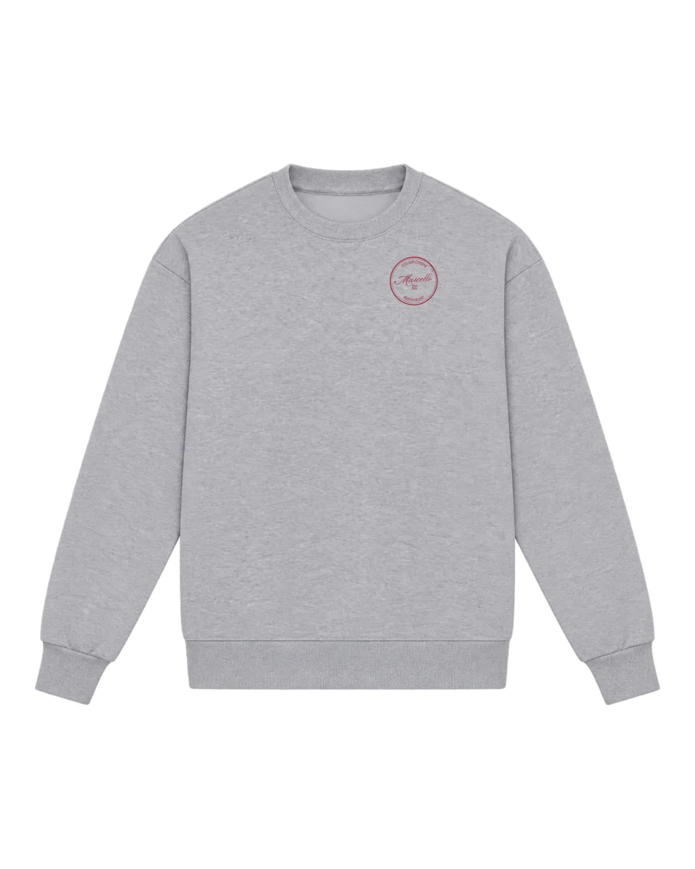 Sweat gris chiné avec le logo d’une enseigne brodé côté cœur, tenue d’équipe