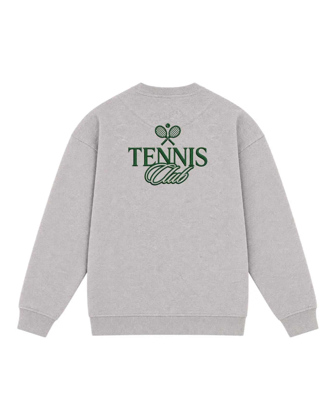 Sweat gris avec l’écusson d’un club de tennis brodé dans le dos