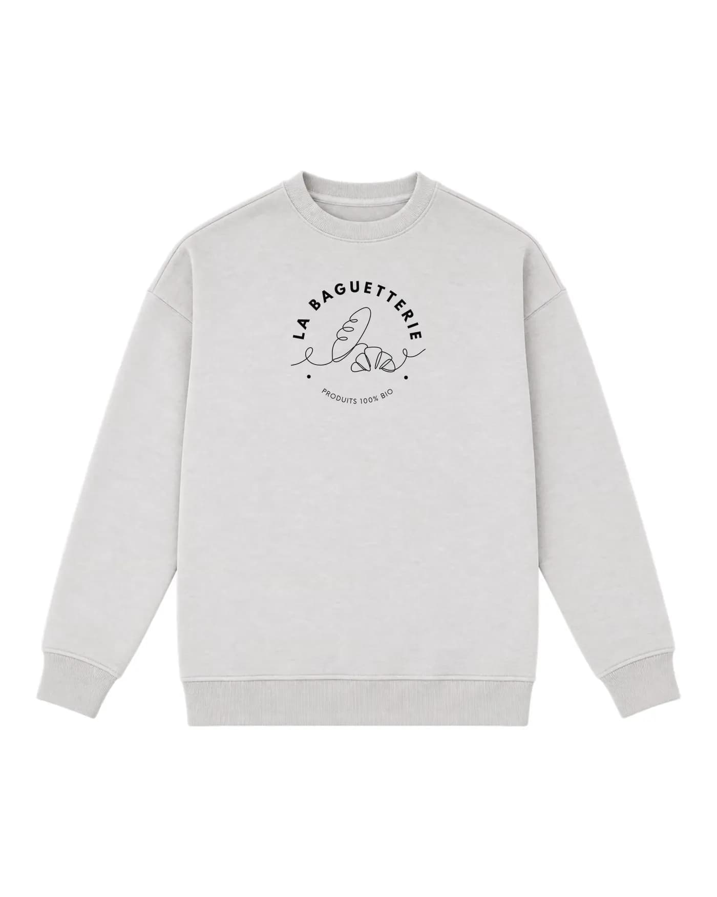 Sweat gris clair avec le logo d’une boulangerie imprimé dans le dos