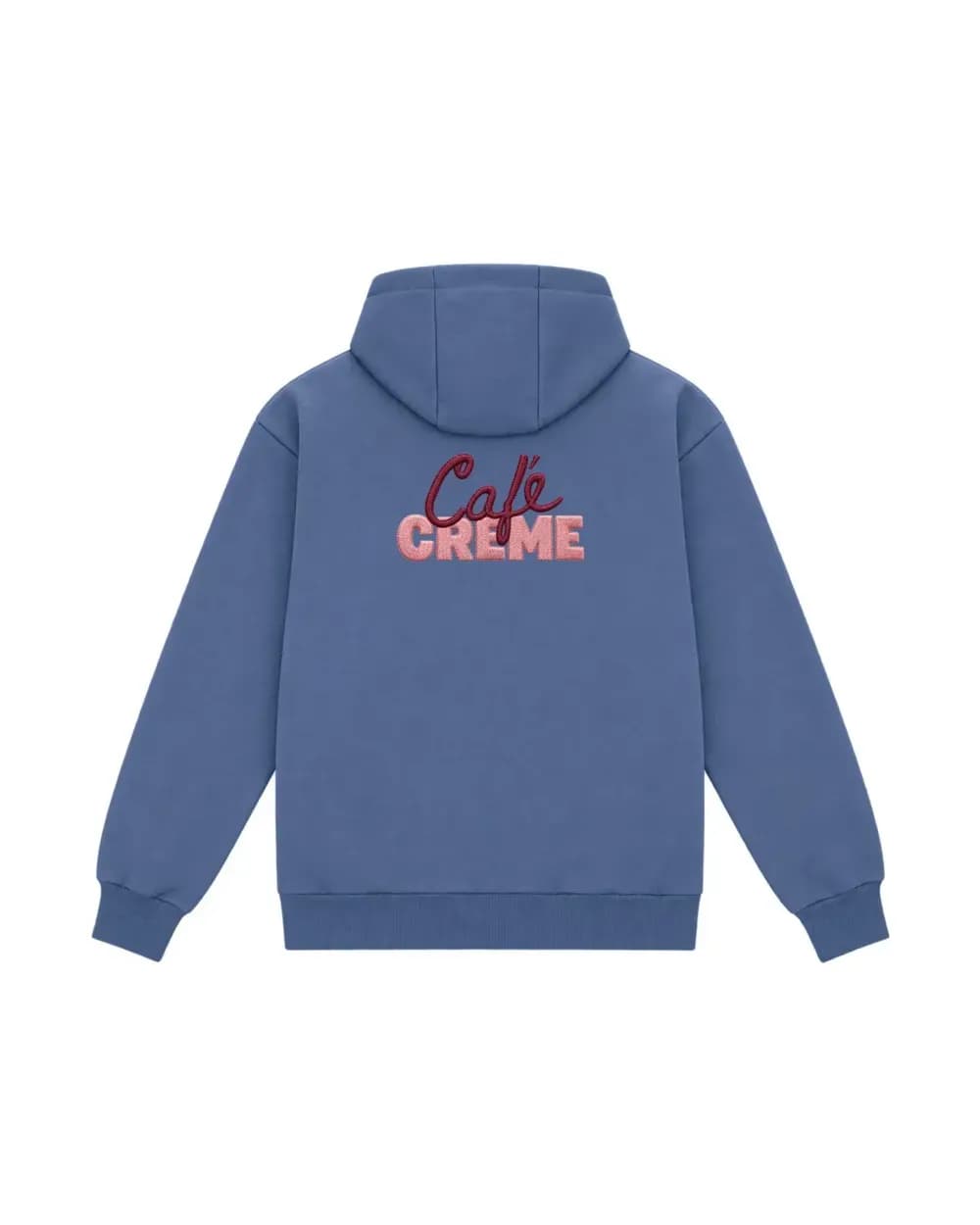 Hoodie bleu denim personnalisé, l’enseigne d’un café brodé dans le dos