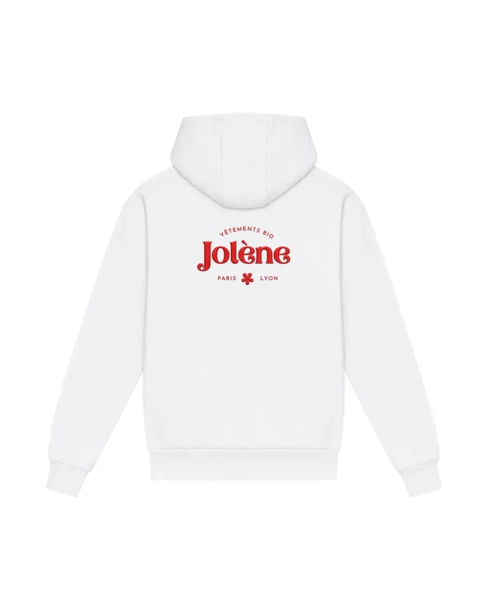 Logo brodé net aux tracés francs sur un hoodie blanc