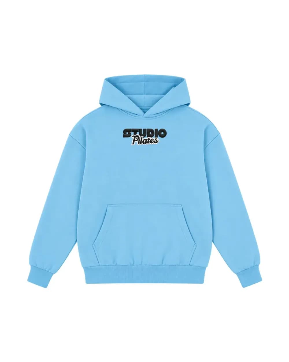 Hoodie bleu ciel personnalisé, le logo d’un studio de pilates brodé sur la poitrine