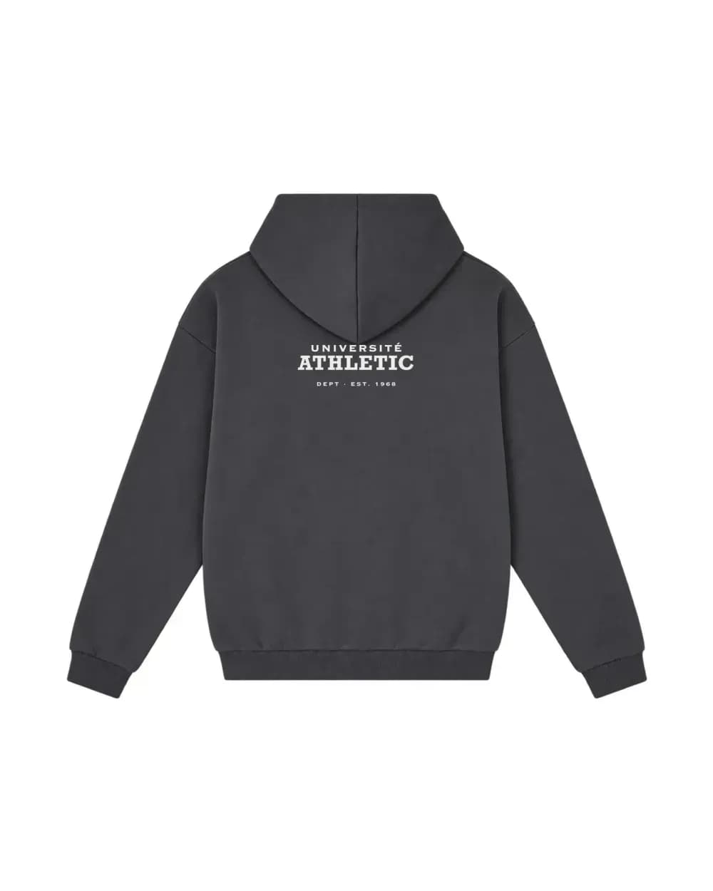 Hoodie étudiant personnalisé gris foncé, lettrage varsity Université Athletic imprimé au dos