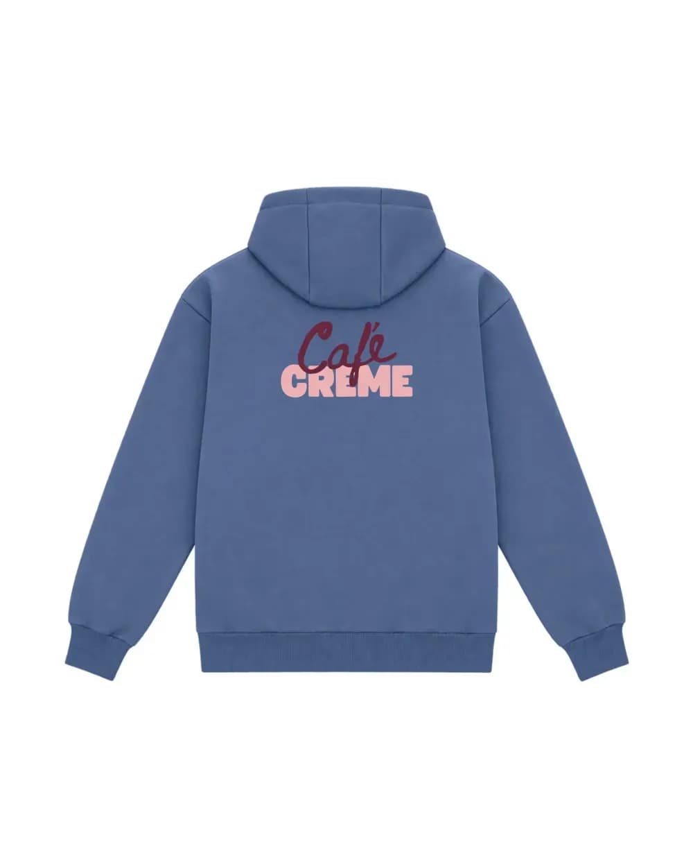 Grand visuel imprimé dans le dos d’un hoodie bleu denim
