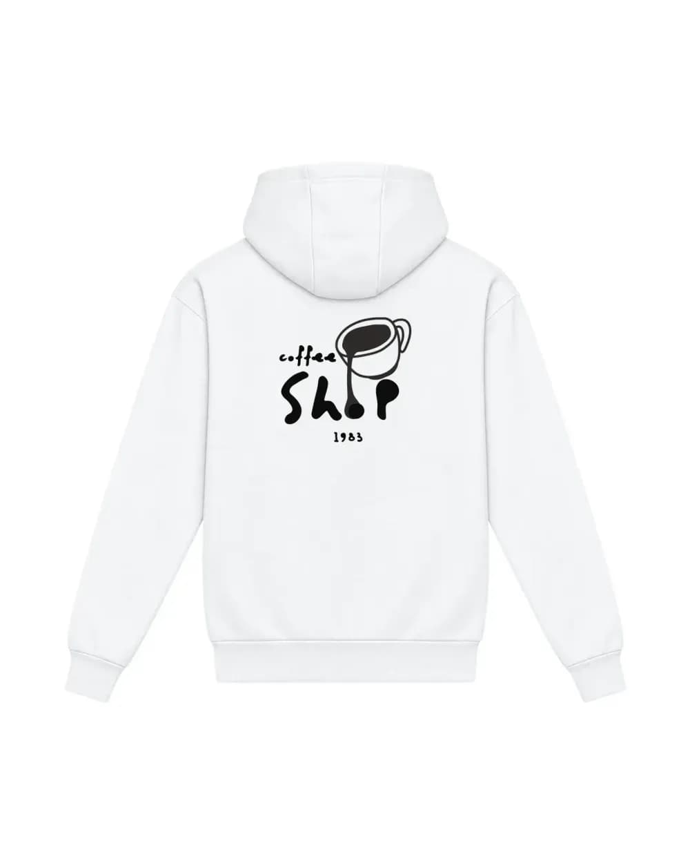 Hoodie blanc personnalisé, l’enseigne d’un coffee shop imprimé dans le dos