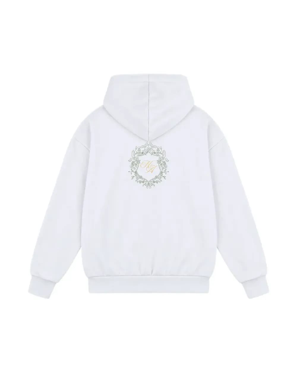 Hoodie blanc personnalisé, un monogramme dans une couronne imprimé dans le dos