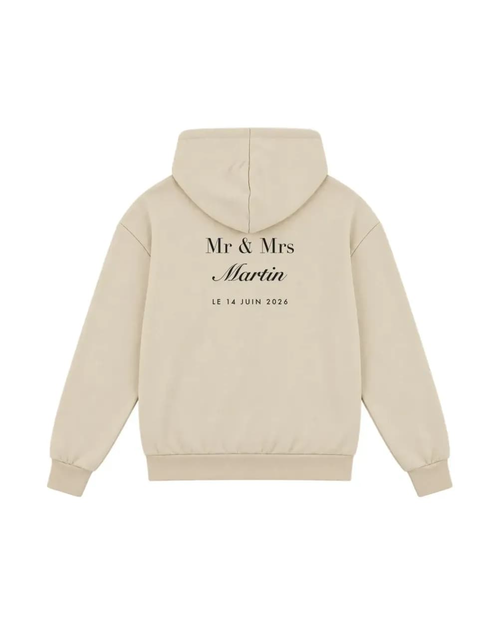 Hoodie de mariage personnalisé sable, marquage Mr & Mrs avec le nom des mariés et la date du mariage
