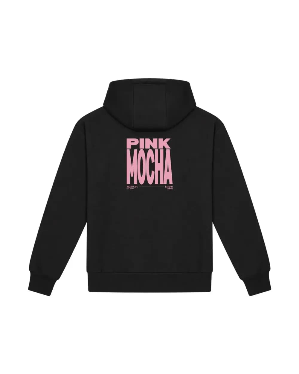 Un même visuel en aplat de couleur imprimé dans le dos d’un hoodie noir