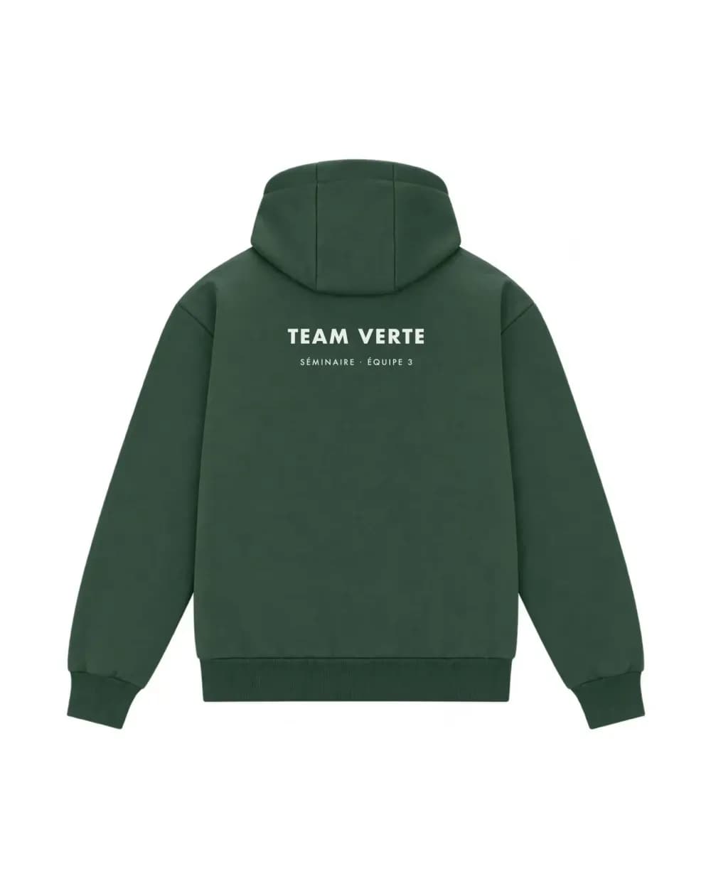 Hoodie vert bouteille personnalisé, le visuel d’une équipe de séminaire imprimé dans le dos