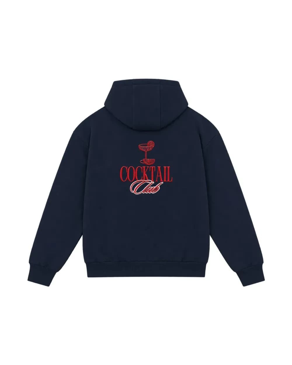 Hoodie zippé bleu marine personnalisé, l’enseigne d’un bar à cocktails brodé dans le dos