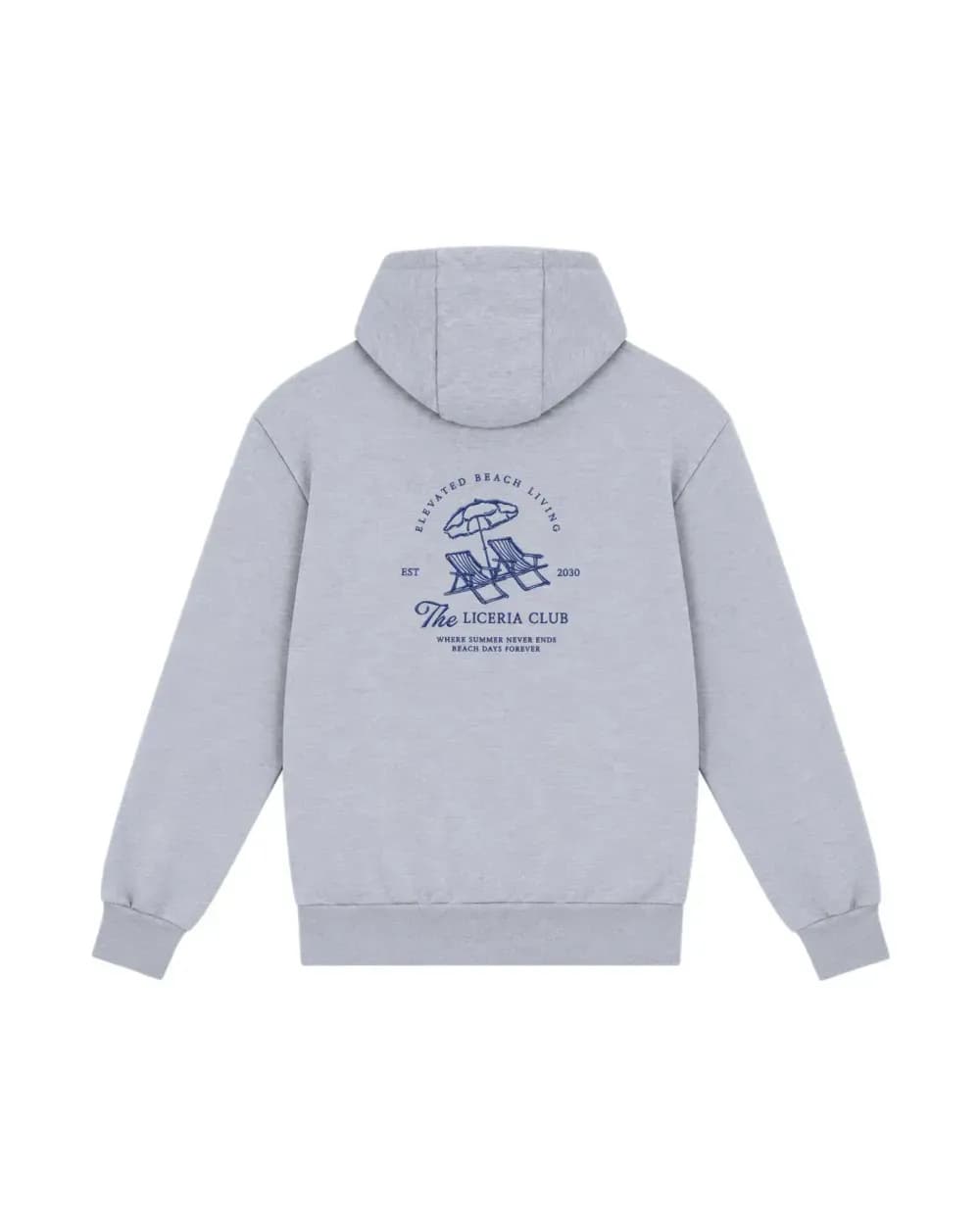 Hoodie zippé gris chiné personnalisé, l’écusson d’un beach club brodé dans le dos