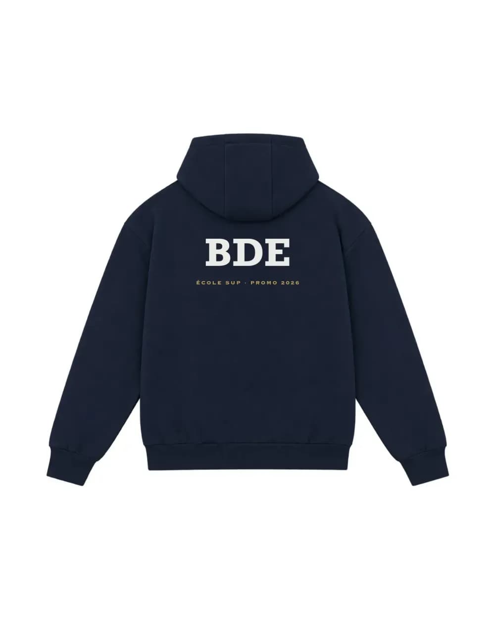 Hoodie zippé bleu marine personnalisé, un lettrage varsity de BDE imprimé dans le dos
