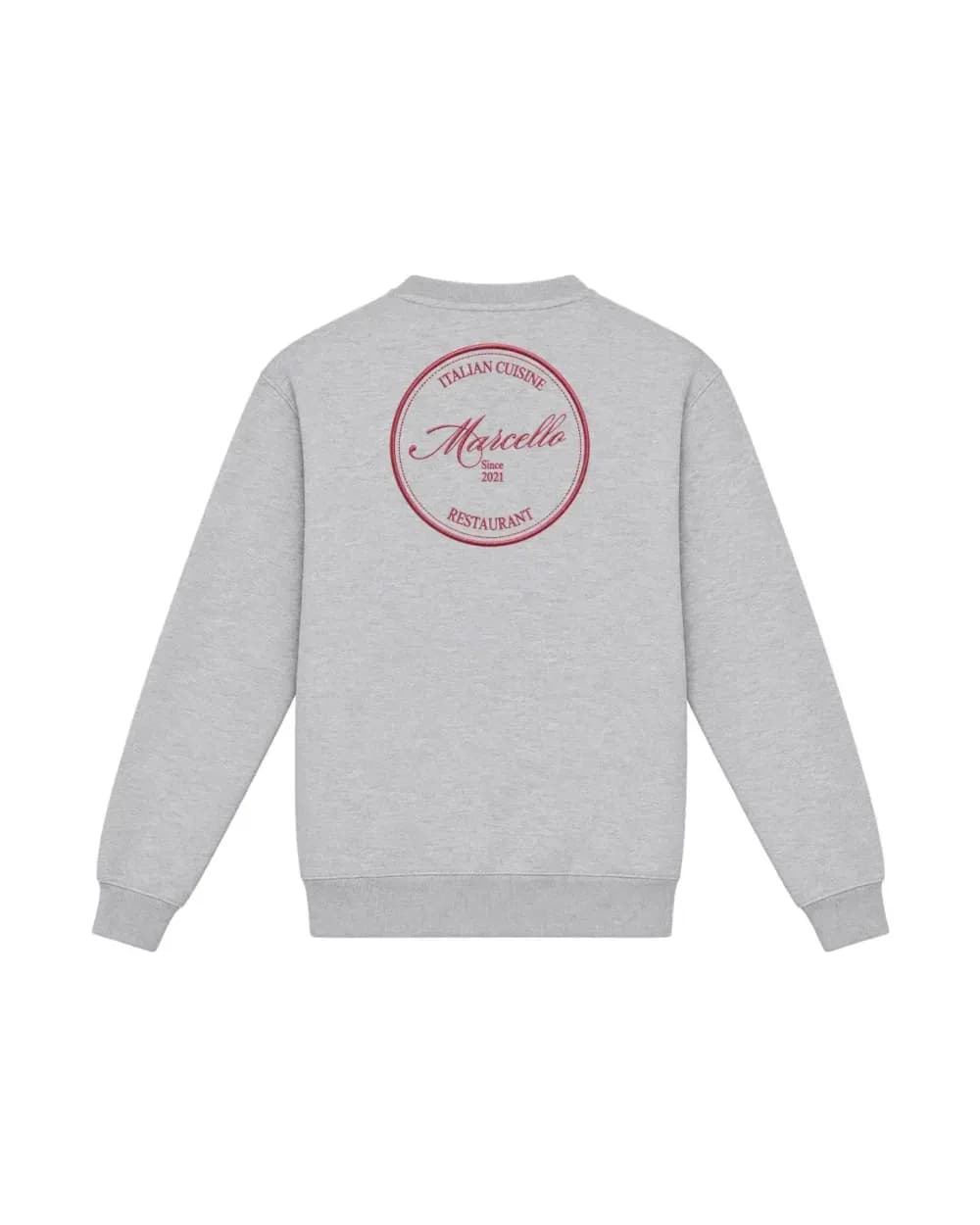 Sweat-shirt gris chiné personnalisé, le logo d’un restaurant italien brodé dans le dos