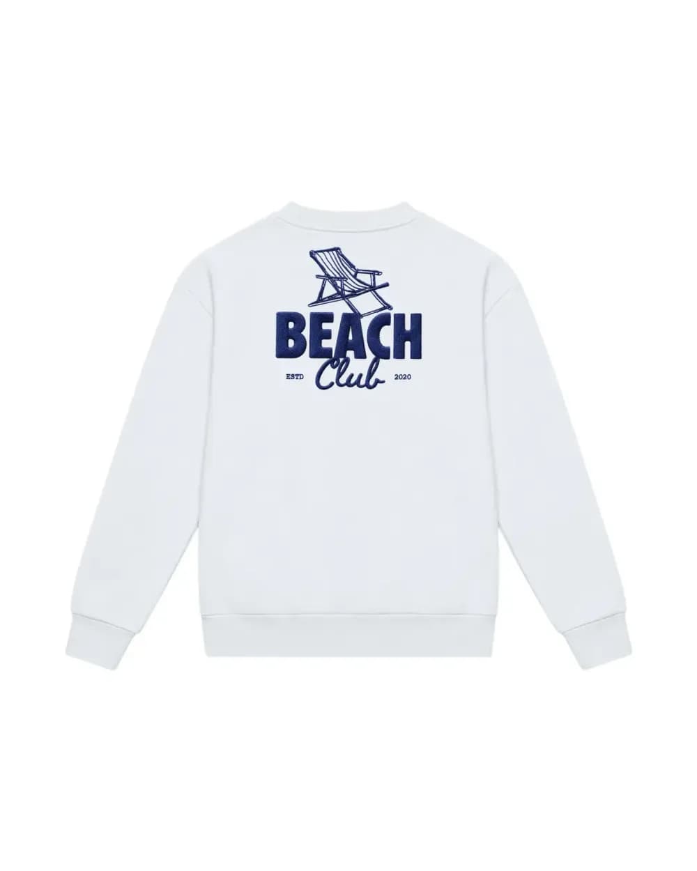 Sweat-shirt blanc personnalisé, l’écusson d’un beach club brodé dans le dos