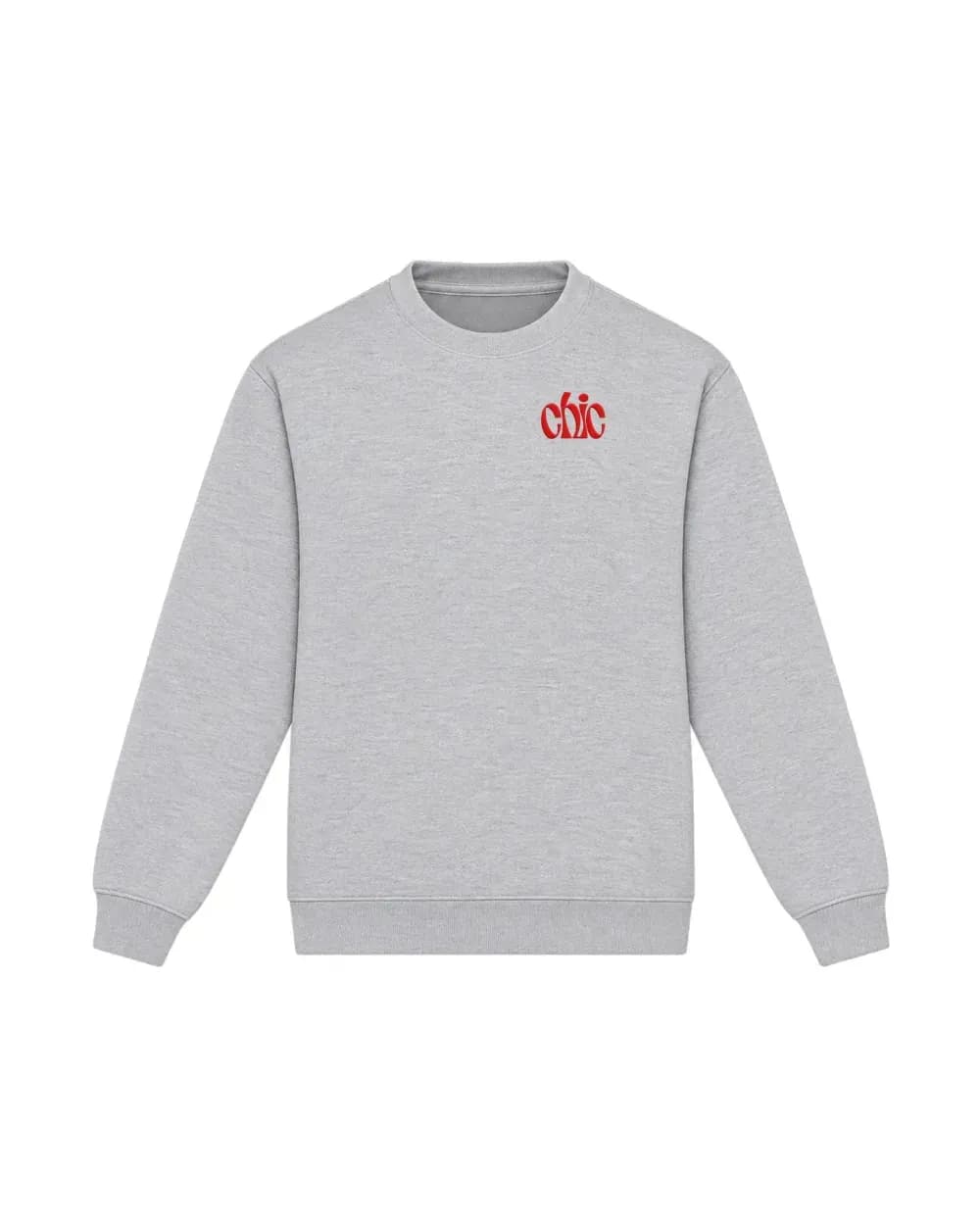 Logo brodé côté cœur sur un sweat gris chiné, tenue d’équipe de start-up