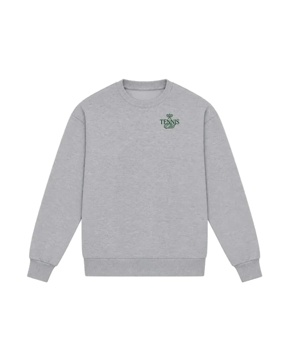 Logo brodé au fil sur un sweat gris chiné, tenue sobre de cabinet de santé