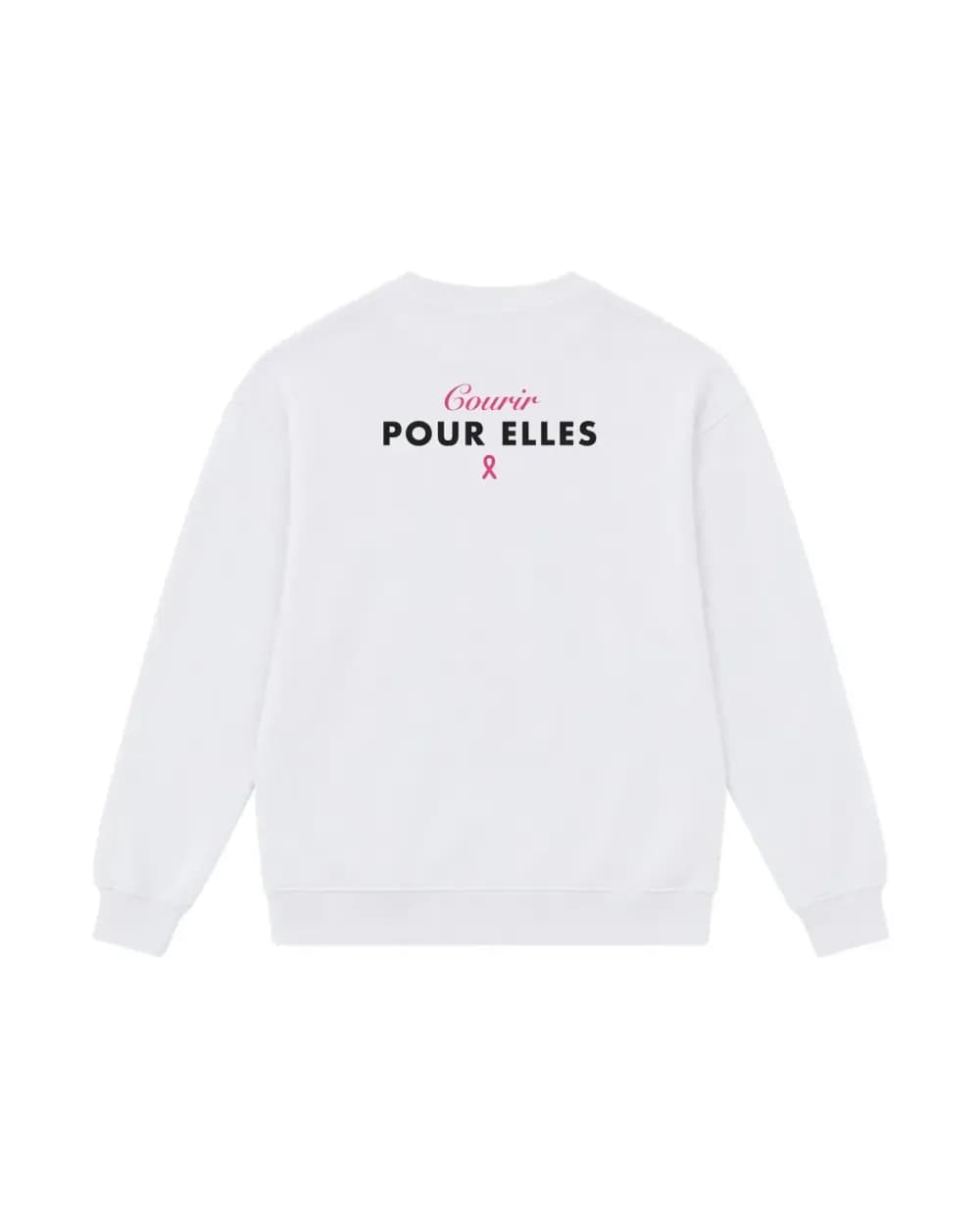 Sweat Octobre Rose personnalisé blanc, mention Courir pour elles et ruban rose imprimés au dos