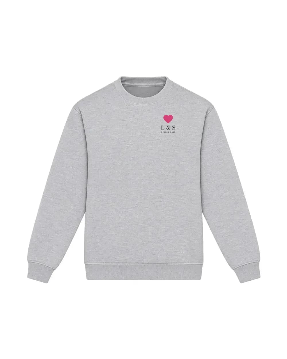 Sweat-shirt gris chiné personnalisé, un cœur et les initiales du couple imprimé côté cœur