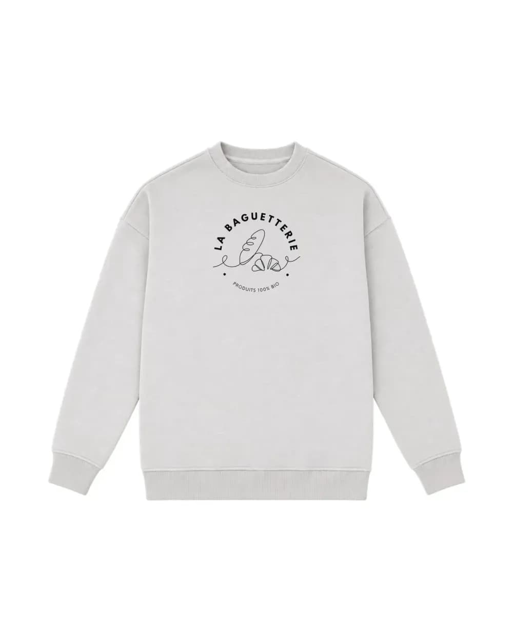 Sweat-shirt gris clair personnalisé, le logo d’une boulangerie imprimé sur la poitrine
