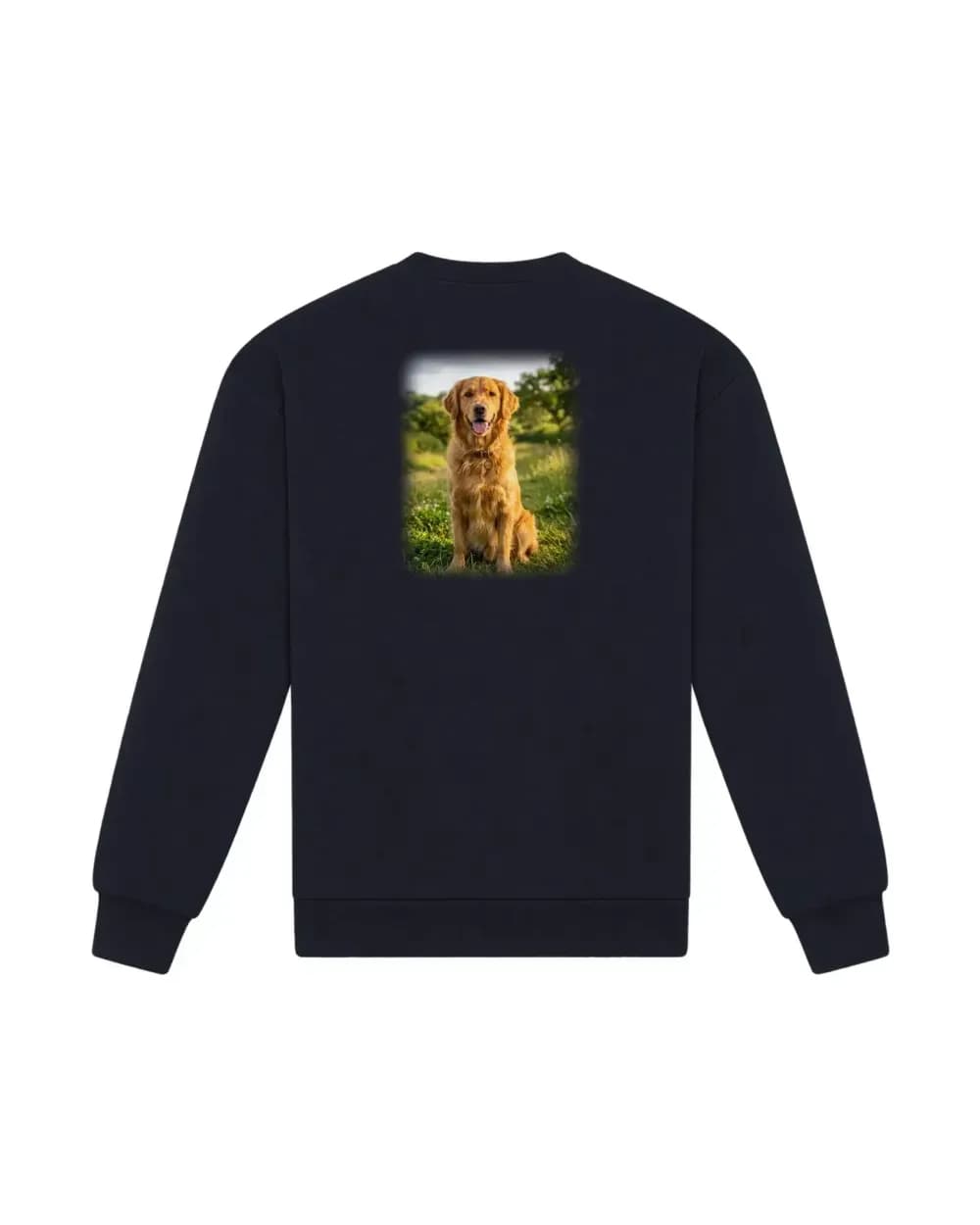 Sweat-shirt bleu marine personnalisé, un portrait photo de chien imprimé dans le dos