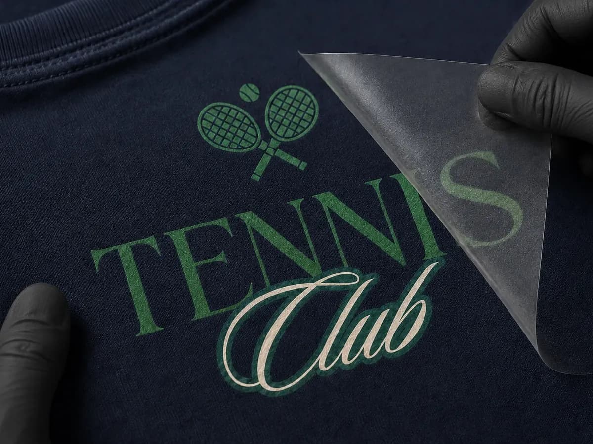 Film DTF retiré à la main d’un sweat marine, logo Tennis Club transféré sur le molleton